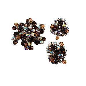 Vintage Unsigned Rhinestone Crystal Dangling Brooch Set (A1306)